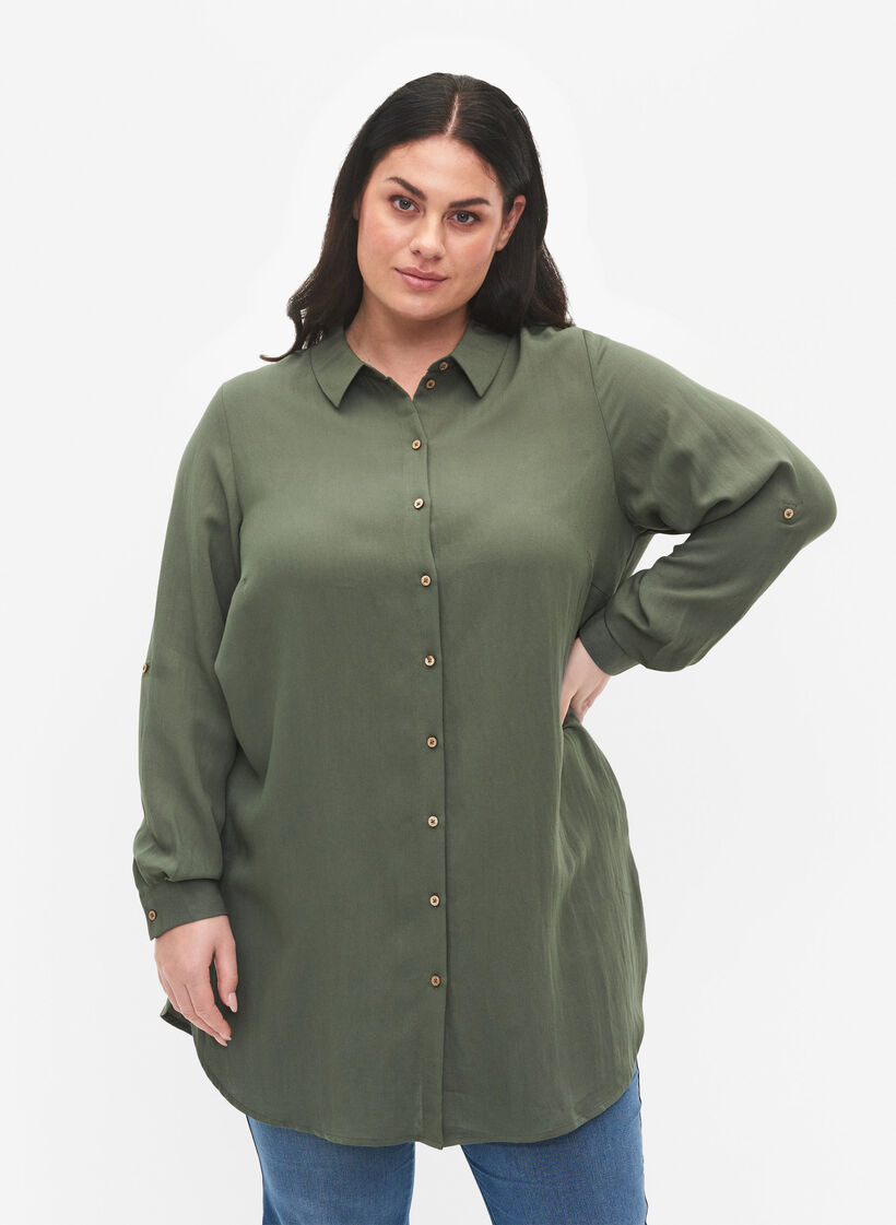 Long plain viscose shirt, Thyme, Model image number 0
