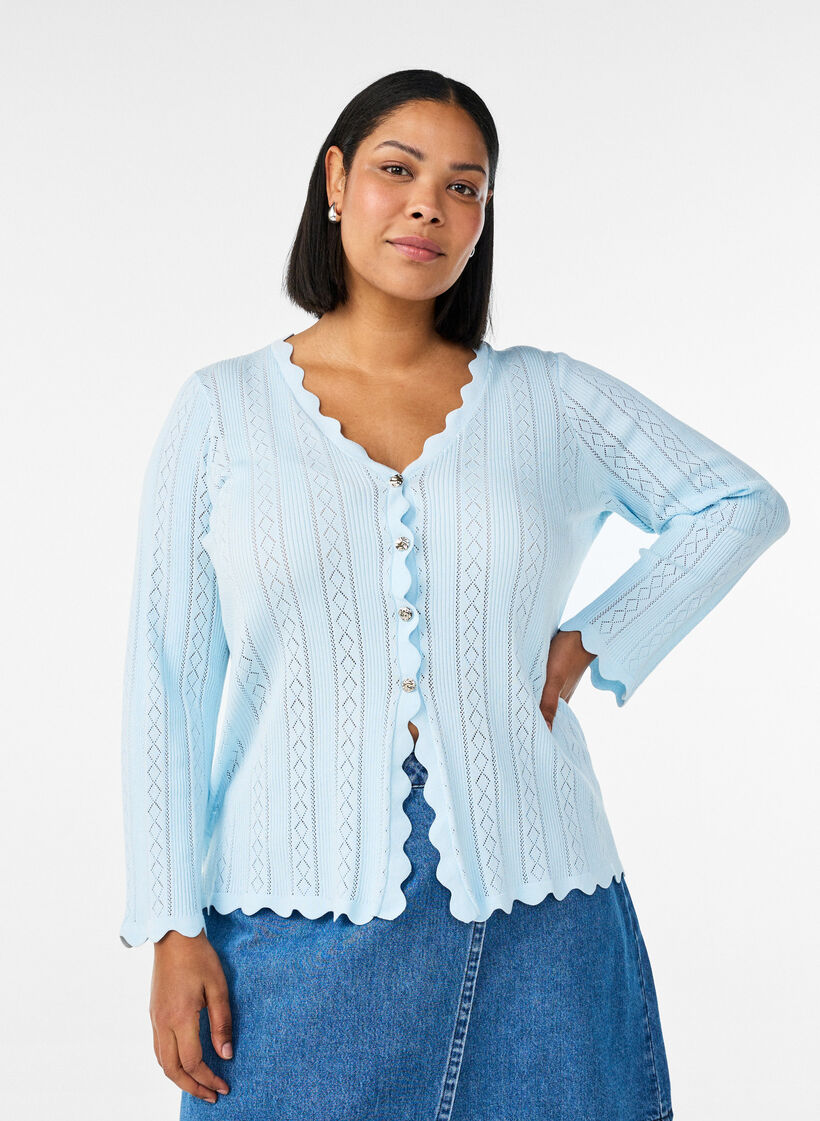 Cardigan with eyelet embroidery and wavy edges, Light Blue, Model image number 0
