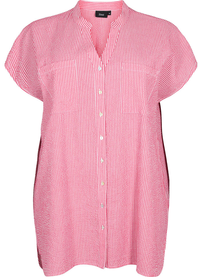 Short-sleeved cotton shirt with stripes, Beetroot P. Stripe, Packshot image number 0