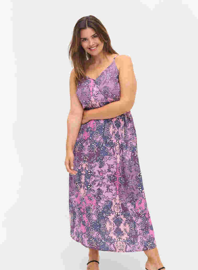 Sleeveless viscose midi dress with a paisley print, Purple Paisley, Model image number 0
