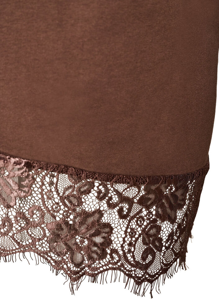 T-shirt with asymmetric lace hem, Brown, Packshot image number 3