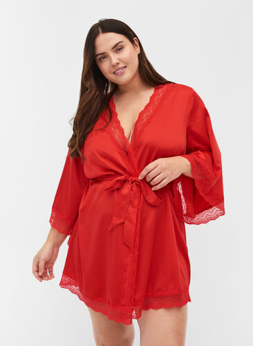 Dressing gown with lace details and 3/4-length sleeves, True Red , Model image number 0