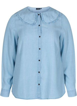 Shirt with large collar and ruffled trim, Light blue denim, Packshot image number 0