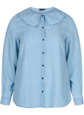 Shirt with large collar and ruffled trim
