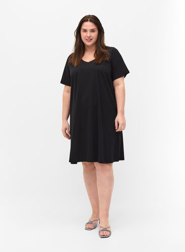 Short-sleeved cotton dress with a-shape, Black, Model image number 2