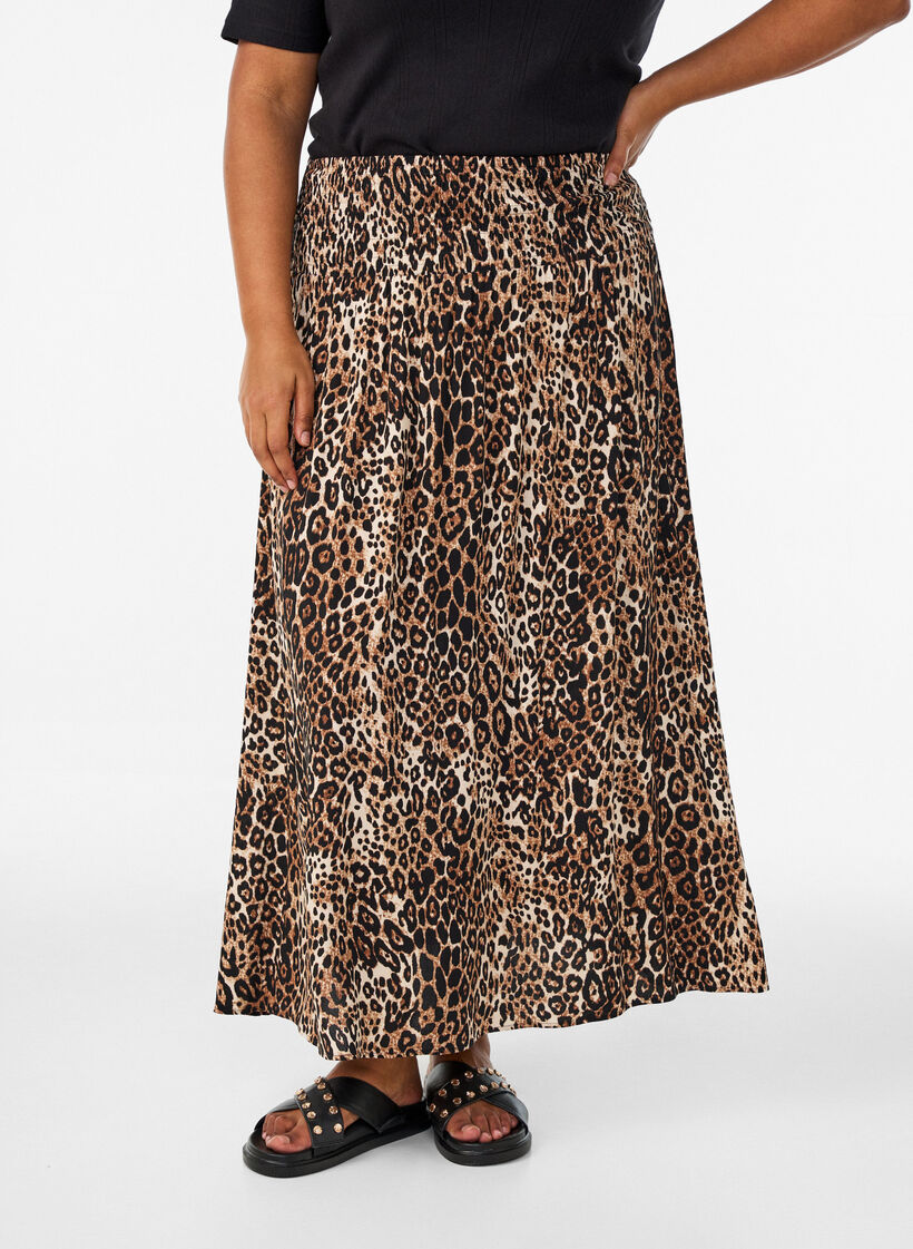 Viscose maxi skirt with smocking, Brown, Model image number 2