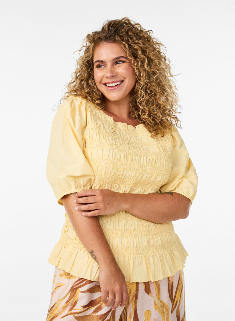 Smock blouse with a ruffle hem and boat neck, Yellow, Model image number 0