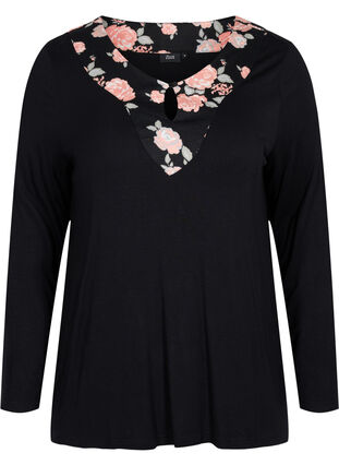 Floral, viscose pyjama top, Black Flower AOP, Packshot image number 0