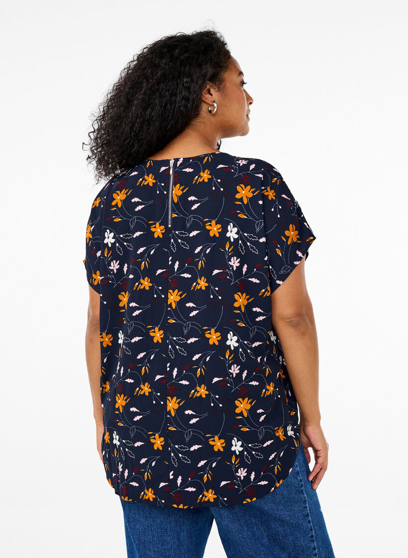 Short-sleeved blouse with floral print, Sky Captain Flower, Model image number 1