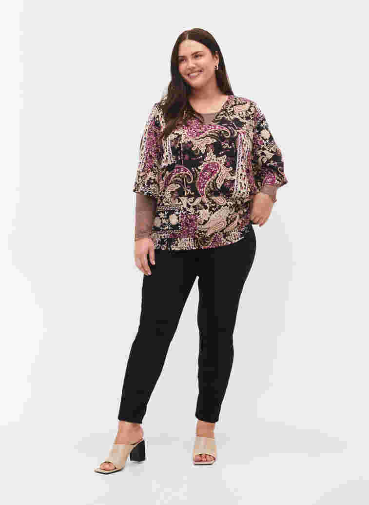Viscose blouse with paisley print and smock, Black Patchwork AOP, Model image number 2