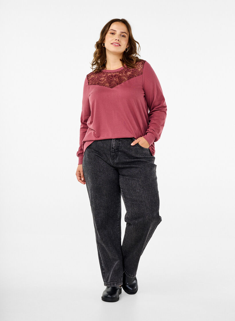 Sweatshirt with lace details, Rose Brown, Model image number 2