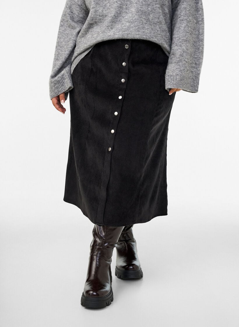 A-line corduroy skirt with buttons, Black, Model image number 3