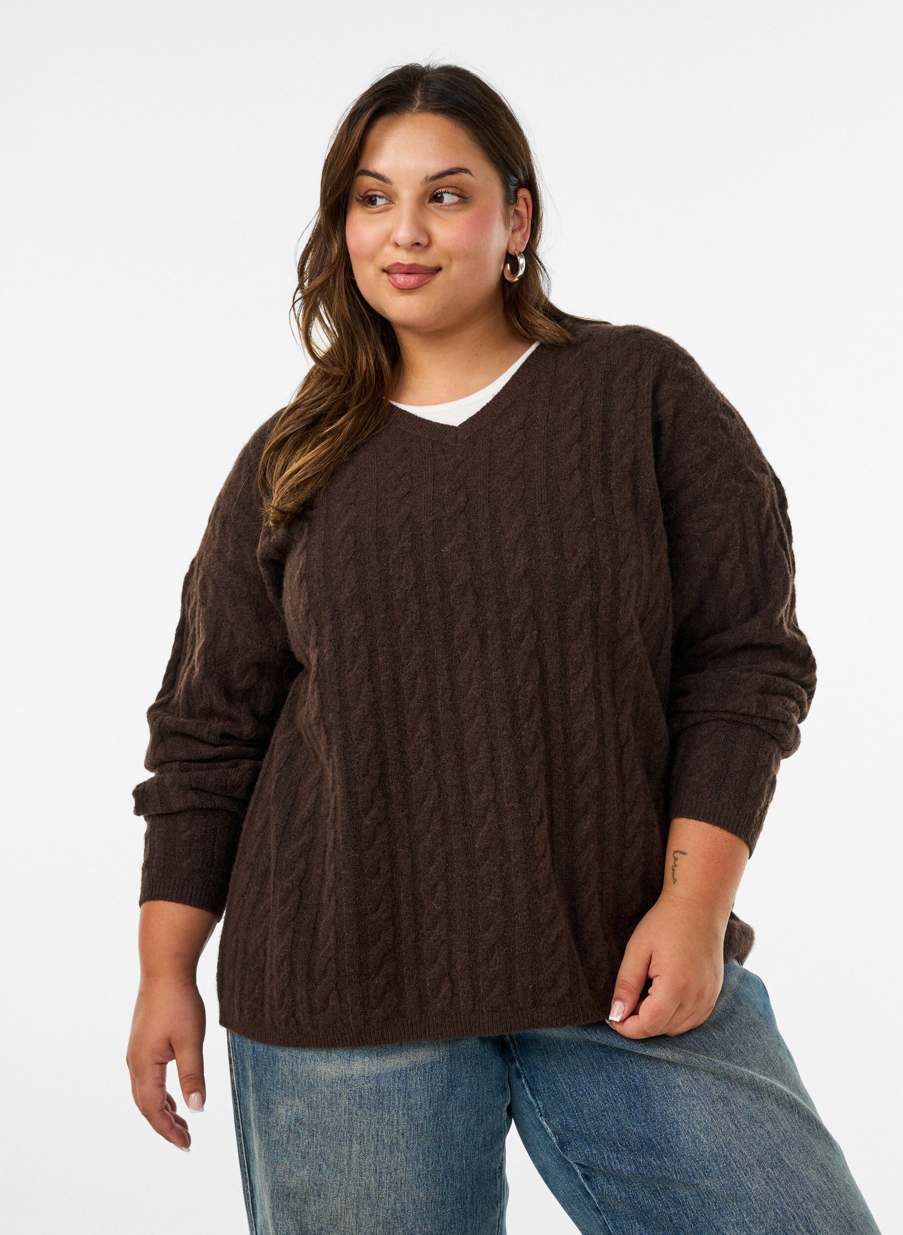 ZizzifashionKnitted blouse with cable knit and V-neck, Brown, Model image number 0