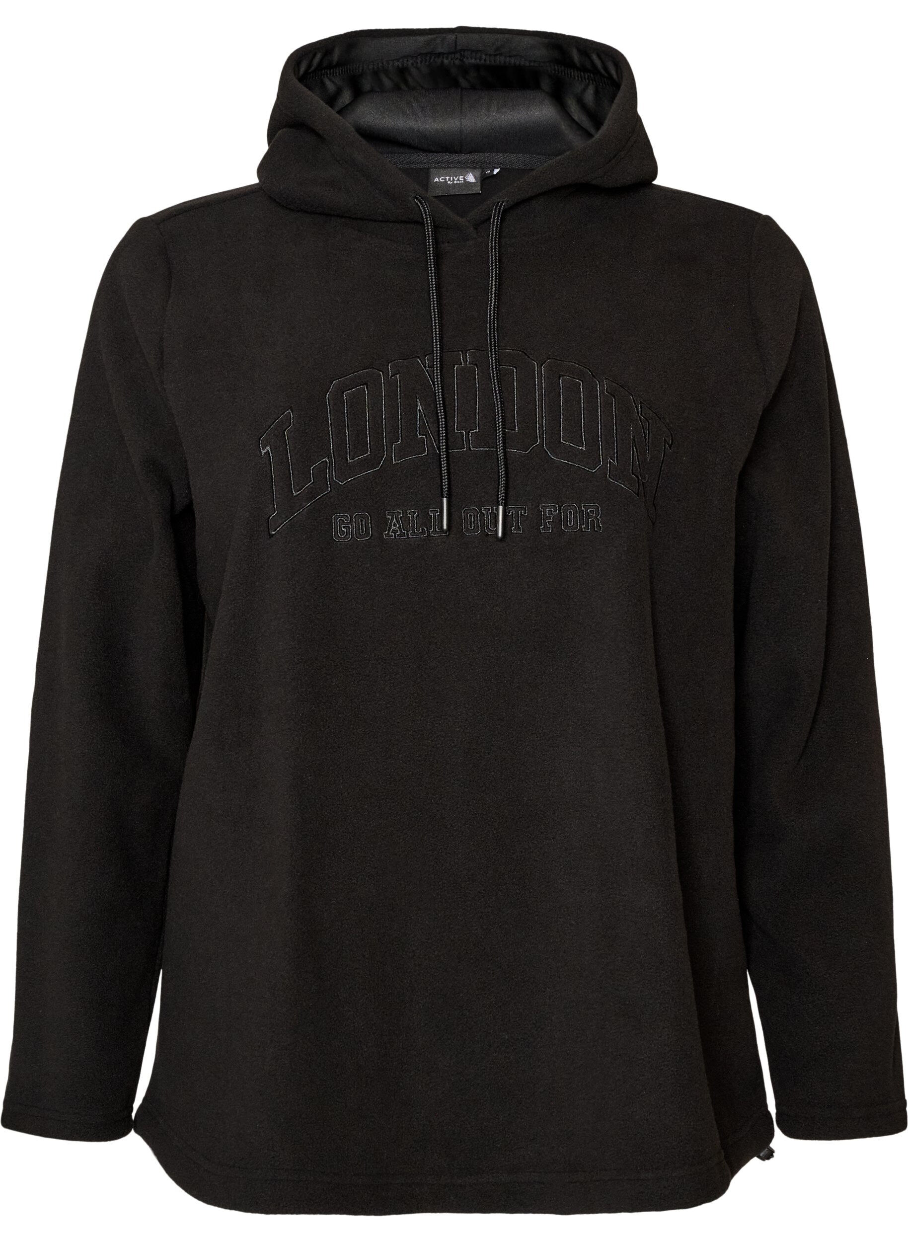 Fleece hoodie with a high neck and embroidered text