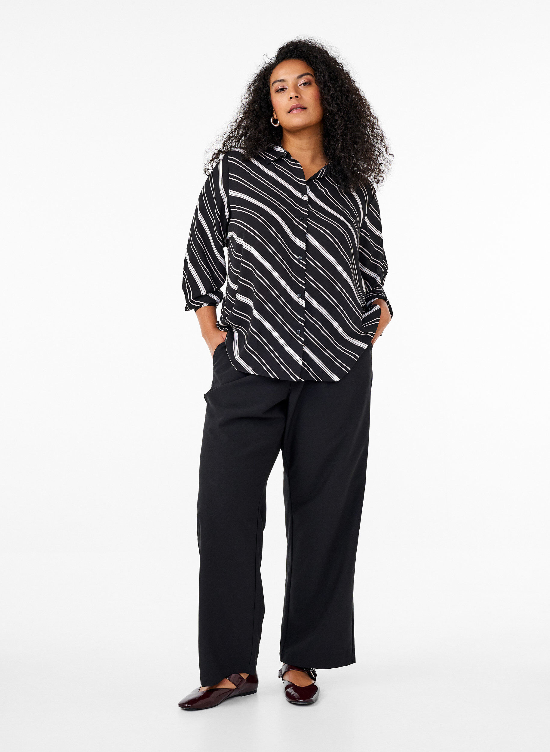 Zizzifashion Striped shirt with long sleeves, Black Stripe, Model image number 2