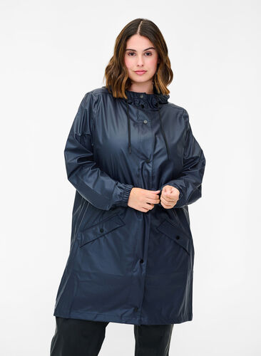 Rain jacket with Sz. and - 42-60 - fastening - hood Blue Zizzifashion button
