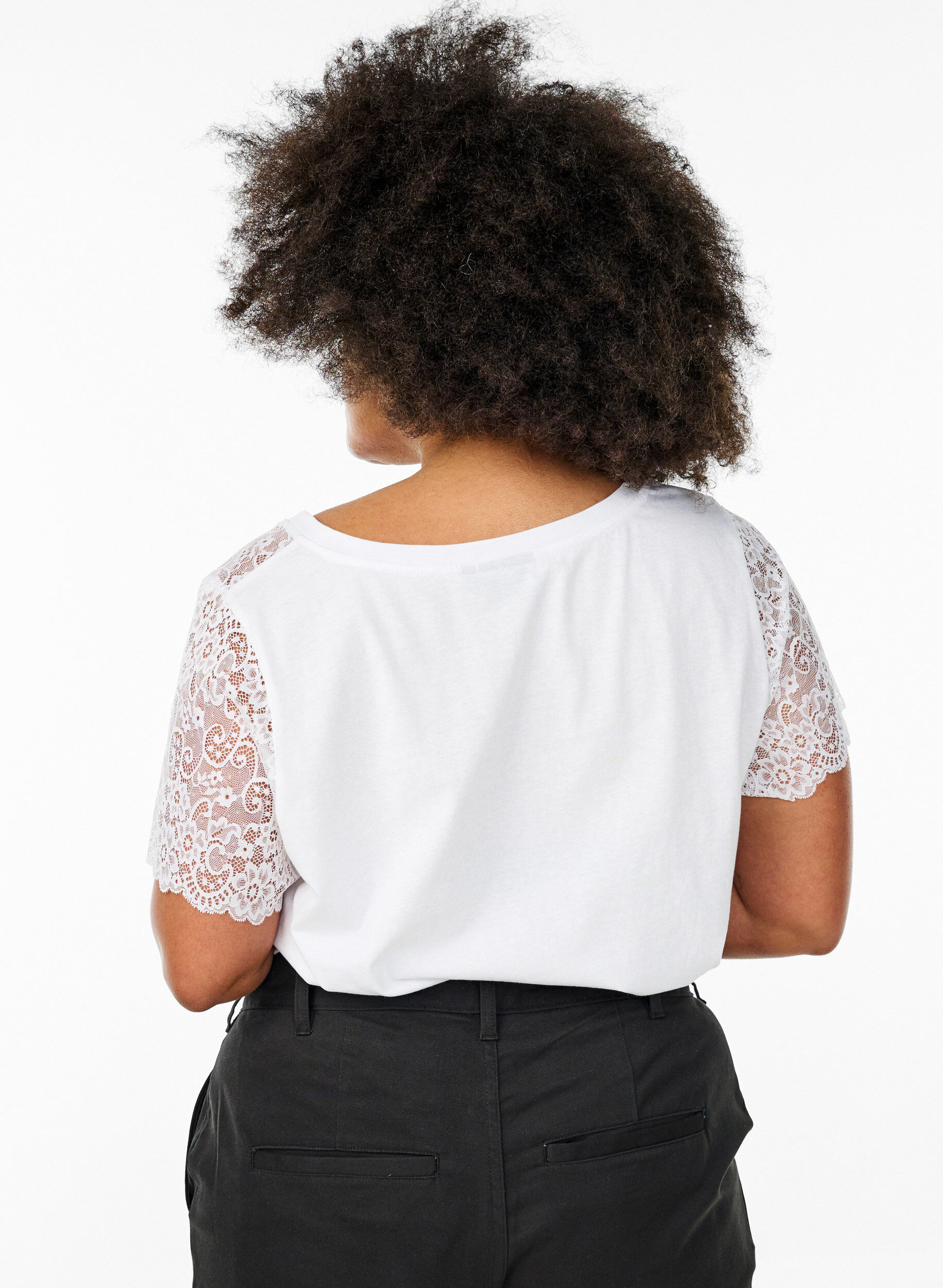 Zizzifashion Cotton T-shirt with short lace sleeves, White, Model image number 2
