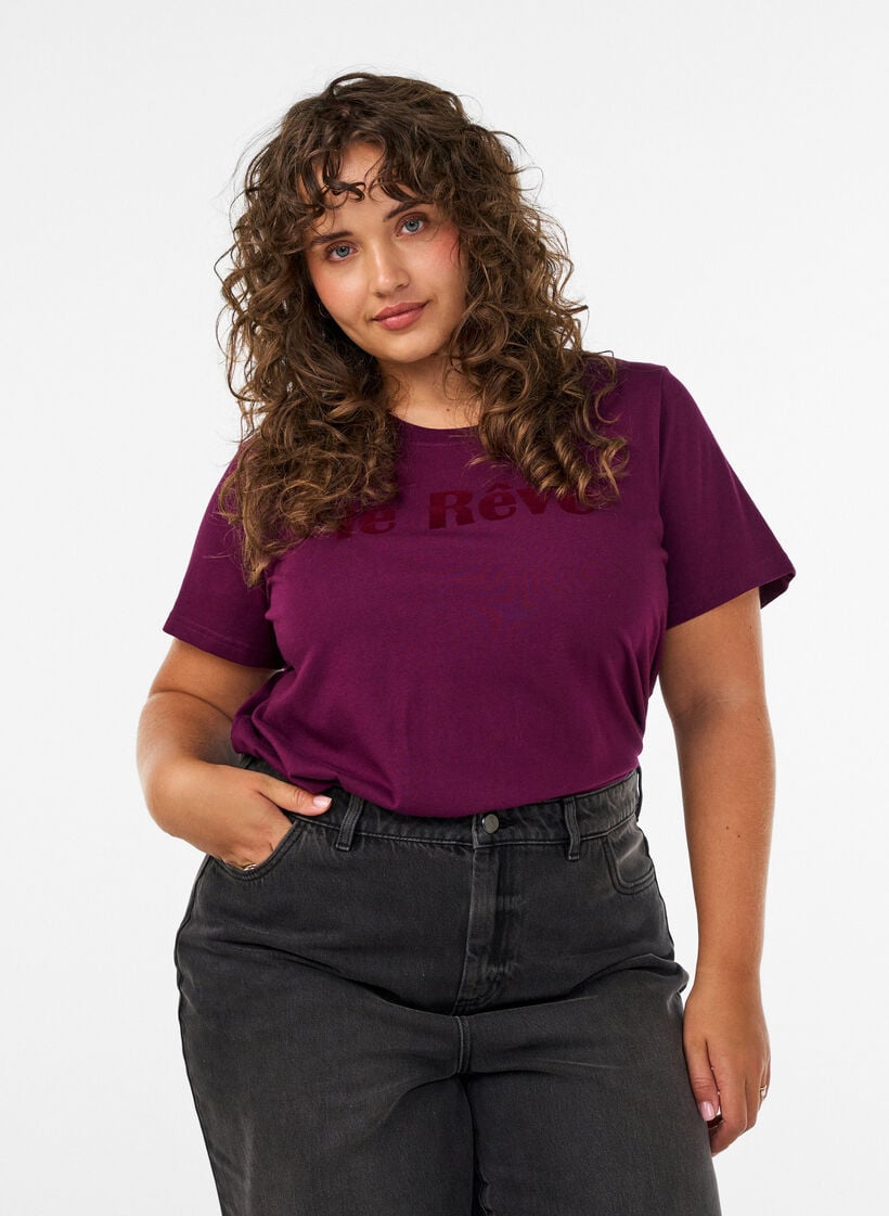 Organic cotton T-shirt with velour text, Purple, Model image number 0