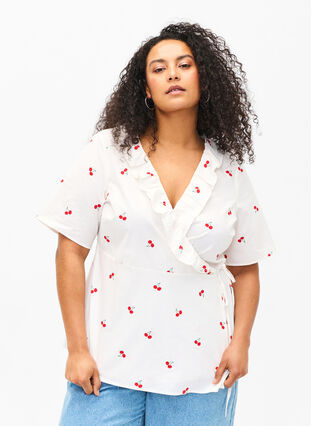 Cotton wrap blouse with floral print, B. White/Cherry, Model image number 0