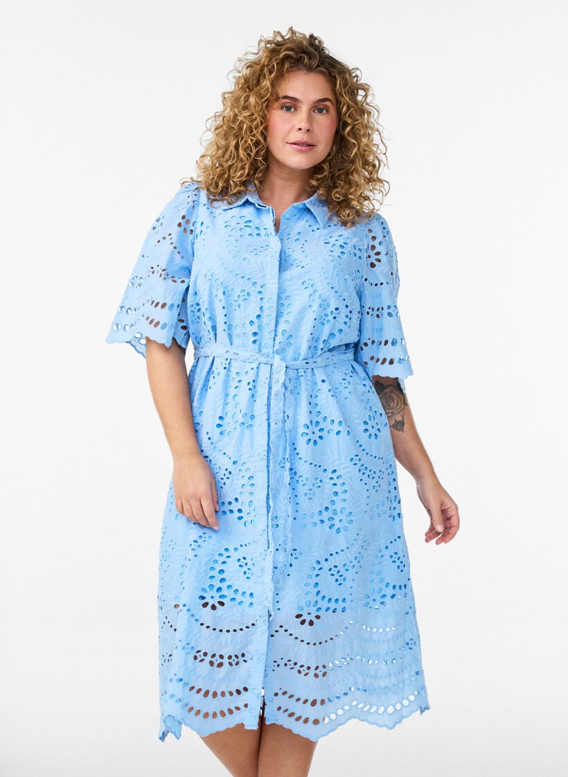 Shirt dress in broderie anglaise with a tie-belt, Blue, Model image number 0