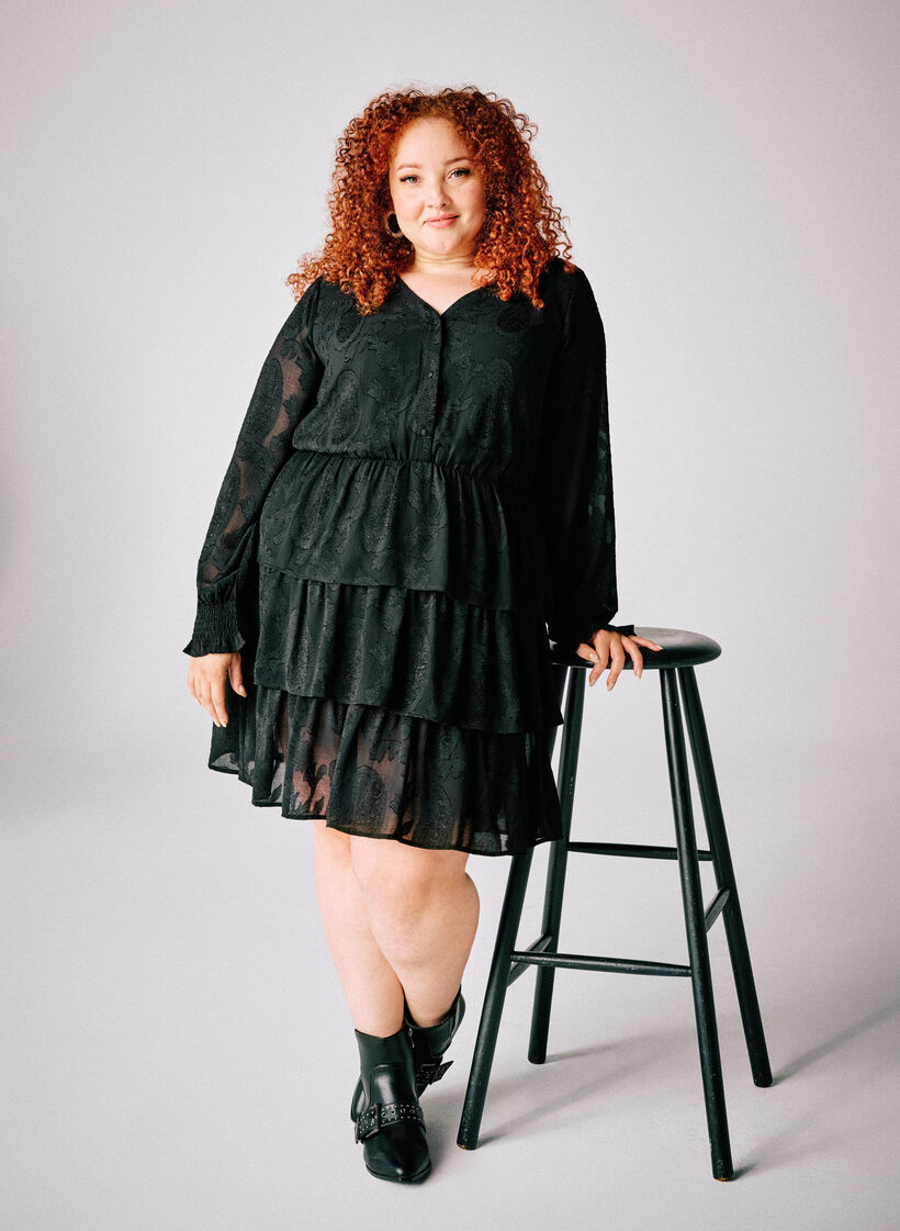 Short dress with ruffles and a textured pattern, Black, Image image number 0