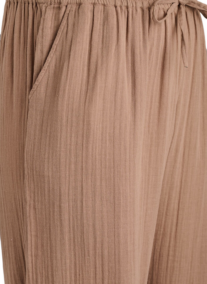 High-waisted cotton muslin trousers with loose legs, Brown, Packshot image number 2