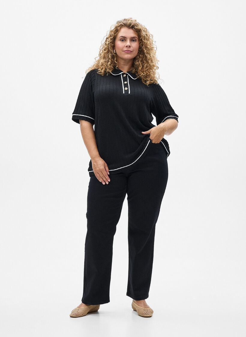 Textured jersey polo shirt with contrast trims, Black, Model image number 1