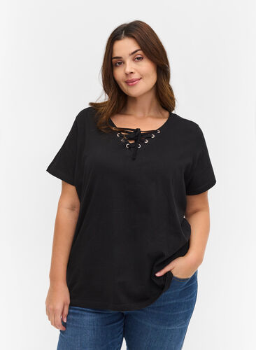 Organic cotton t-shirt with tie-string detail, Black, Model image number 0