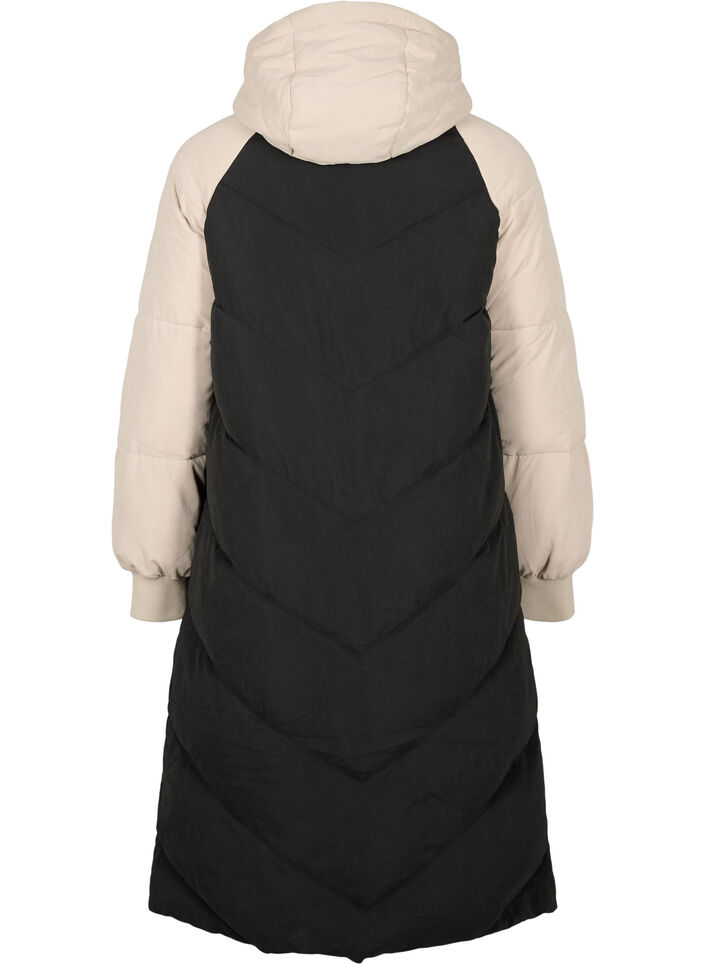 Long colorblock winter jacket with hood, Black Comb, Packshot image number 1