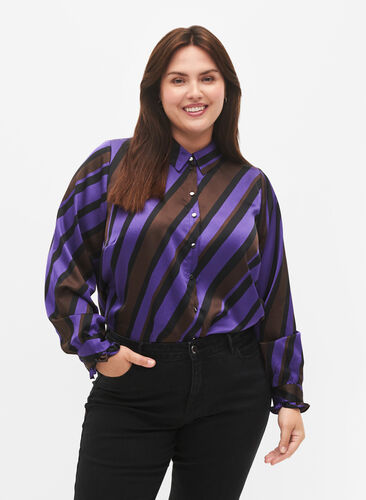 Satin shirt with diagonal stripes, Stripe AOP, Model image number 0