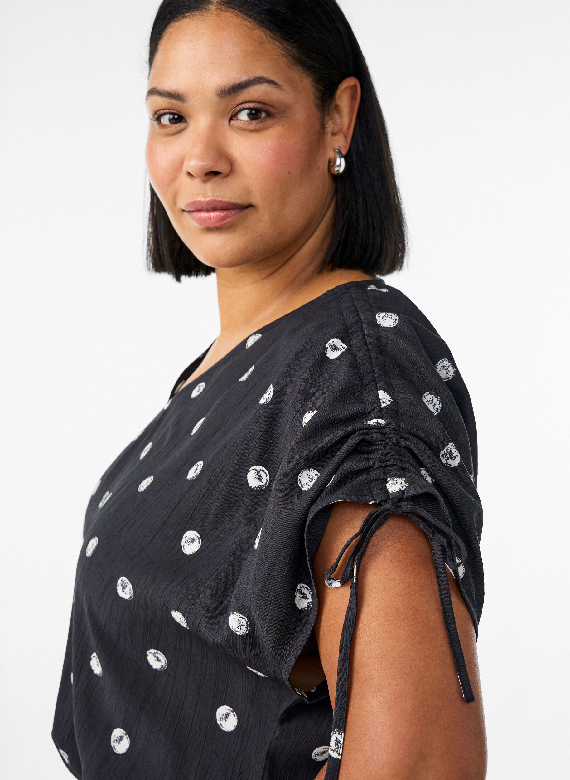 ZizzifashionViscose blouse with ruched sleeves, Black, Model image number 3