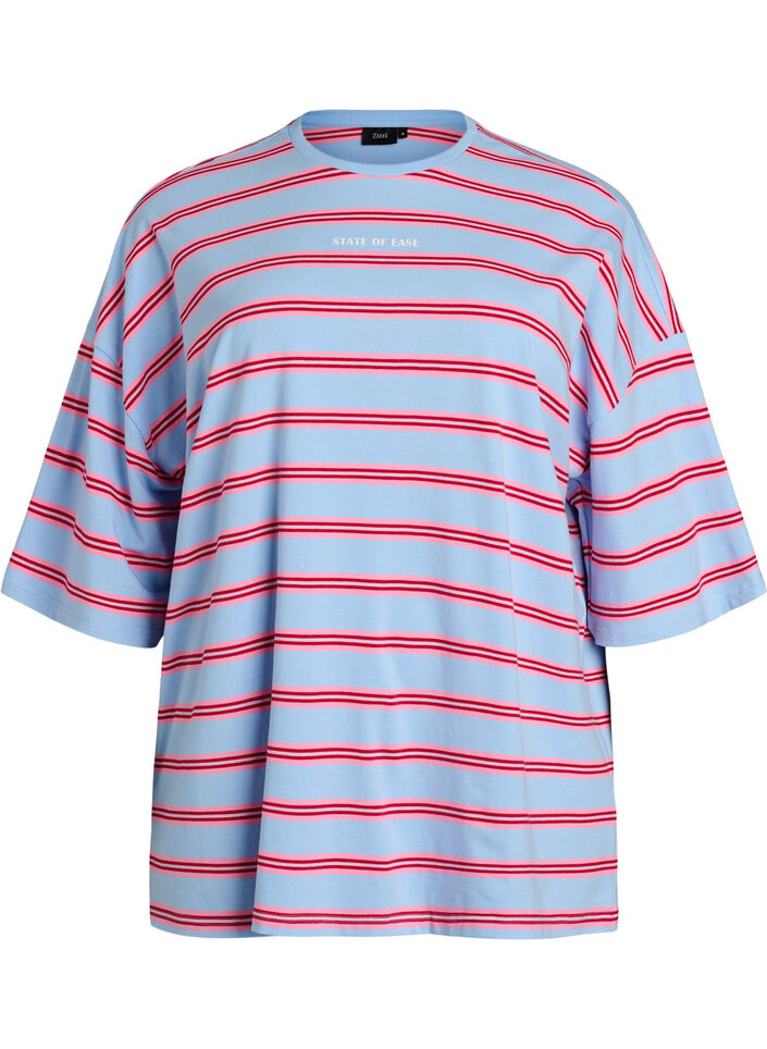 Oversized T-shirt with stripes and 1/2 sleeves, Light Blue, Packshot image number 0