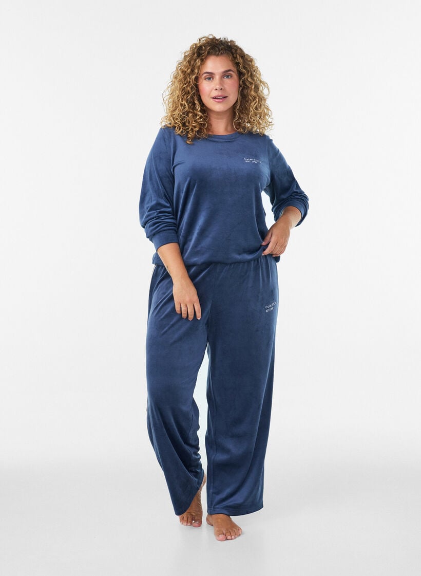 Velour blouse with embroidered text, Blue, Model image number 1