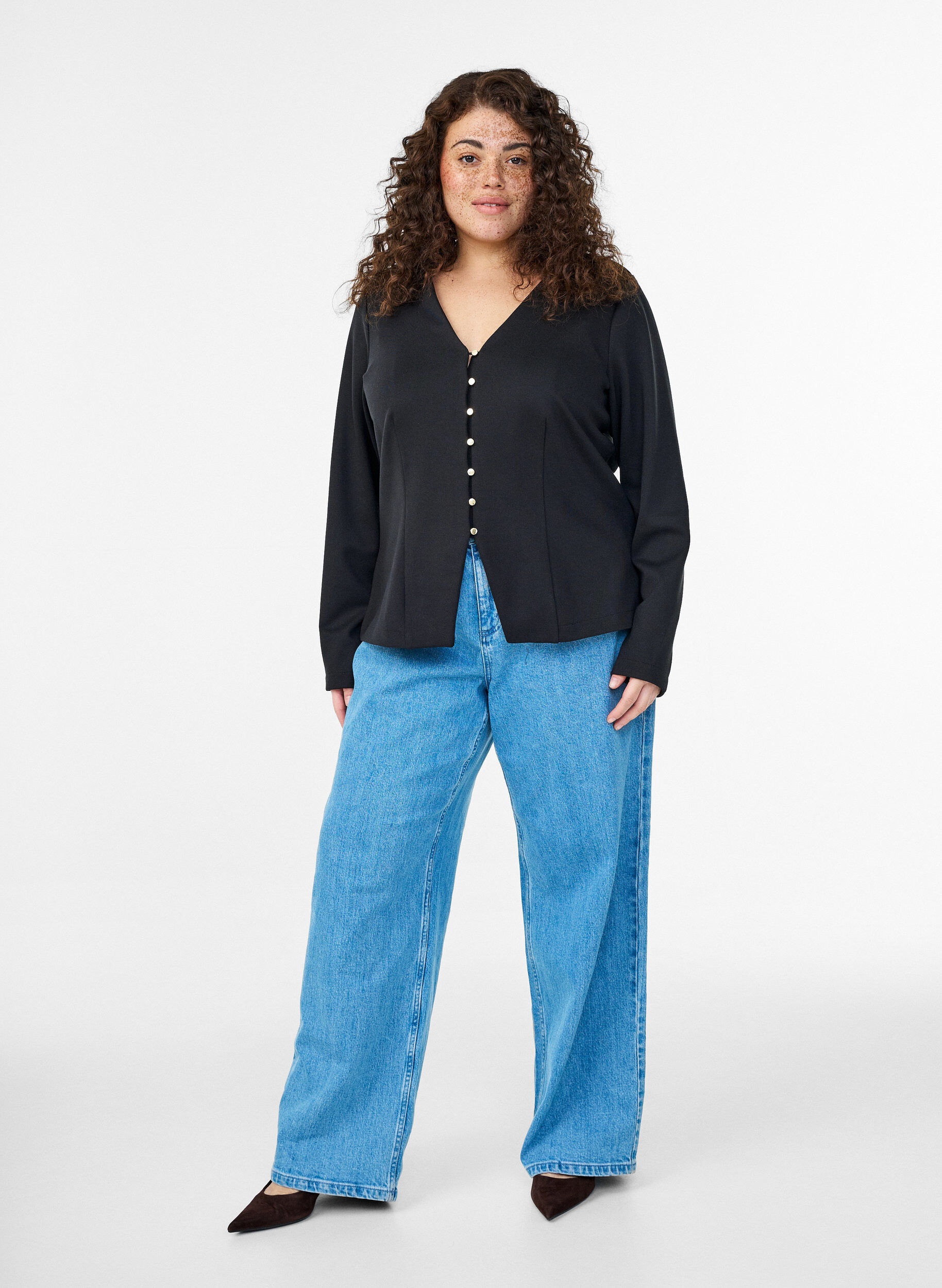 Zizzifashion V-neck cardigan with gold-coloured buttons, Black, Model image number 1