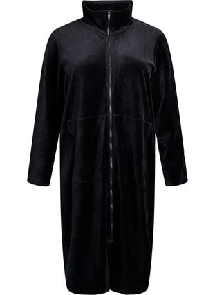 Velour dressing gown with zipper and pockets - Black - Sz. 40-64 - Zizzifashion Velour dressing gown with zipper and pockets - Black - Sz. 40-64 - Zizzifashion