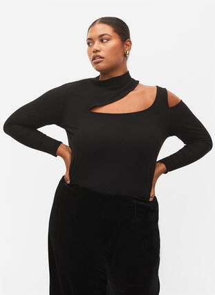 Long-sleeved top with cutouts, Black, Model image number 0