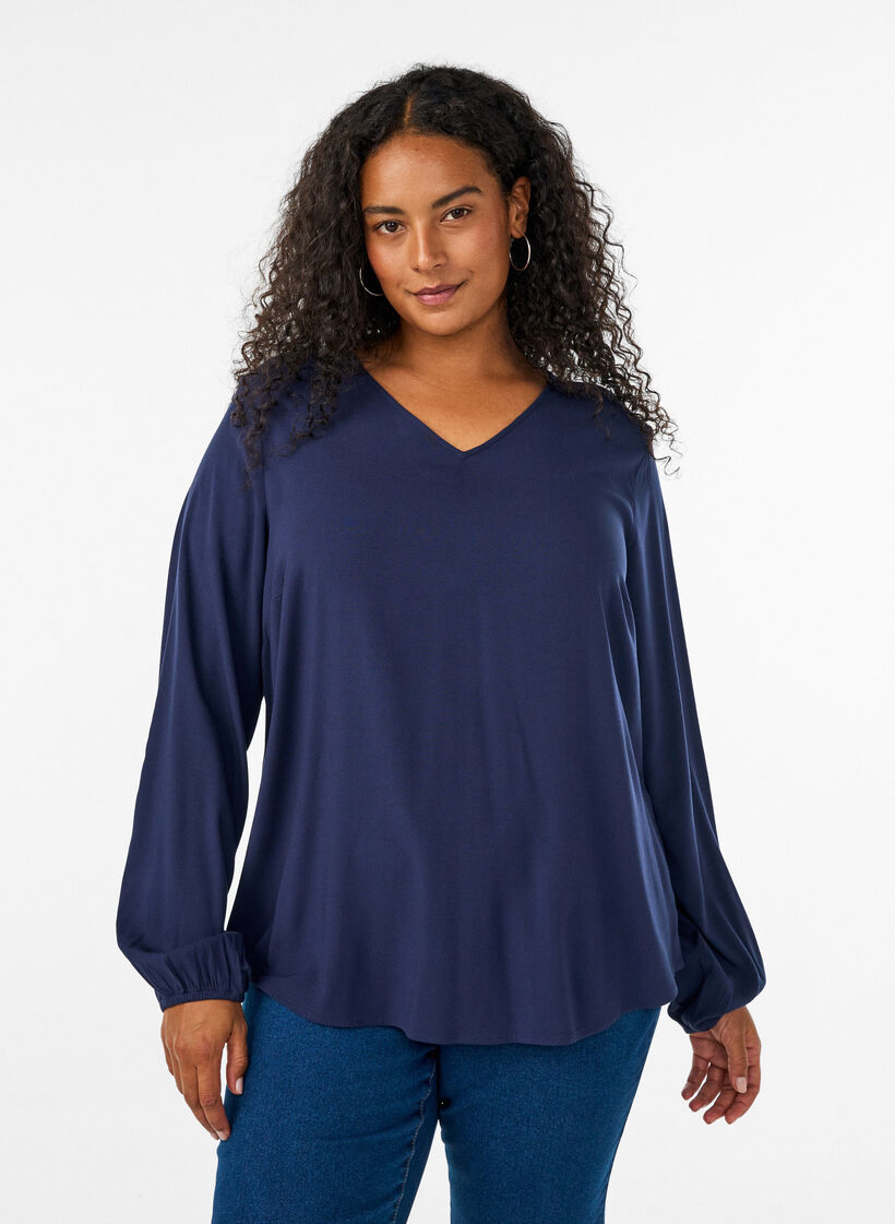 Viscose blouse with V-neck and rounded hem, Blue, Model image number 0
