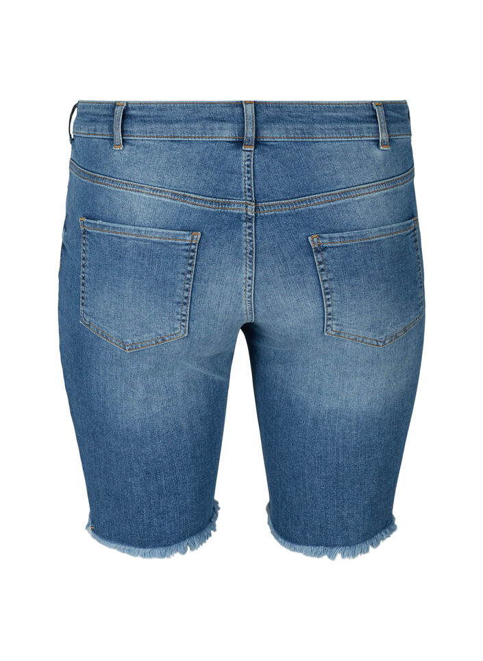 High-waisted denim shorts with raw hems, Dark blue denim, Packshot image number 1