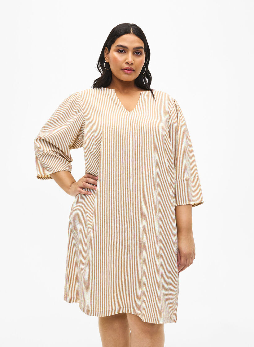 Striped dress with 3/4 sleeves, Camel Stripe, Model image number 0