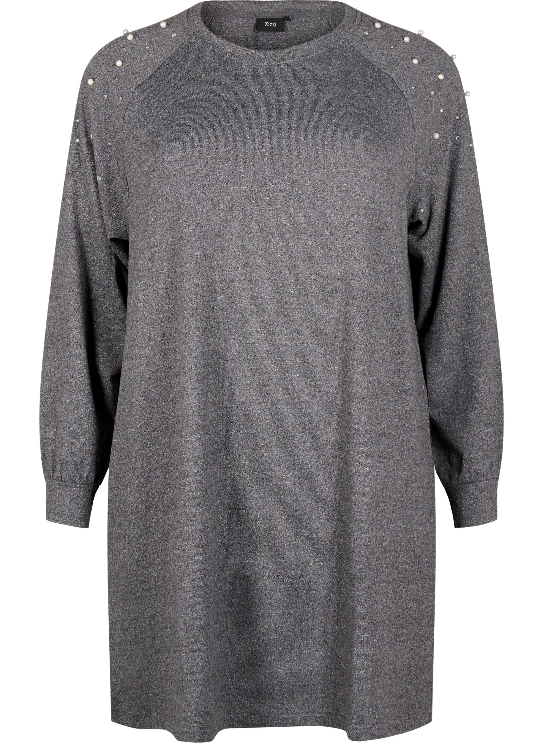 Zizzifashion Long-sleeved dress with pearls, Dark Grey, Packshot image number 0