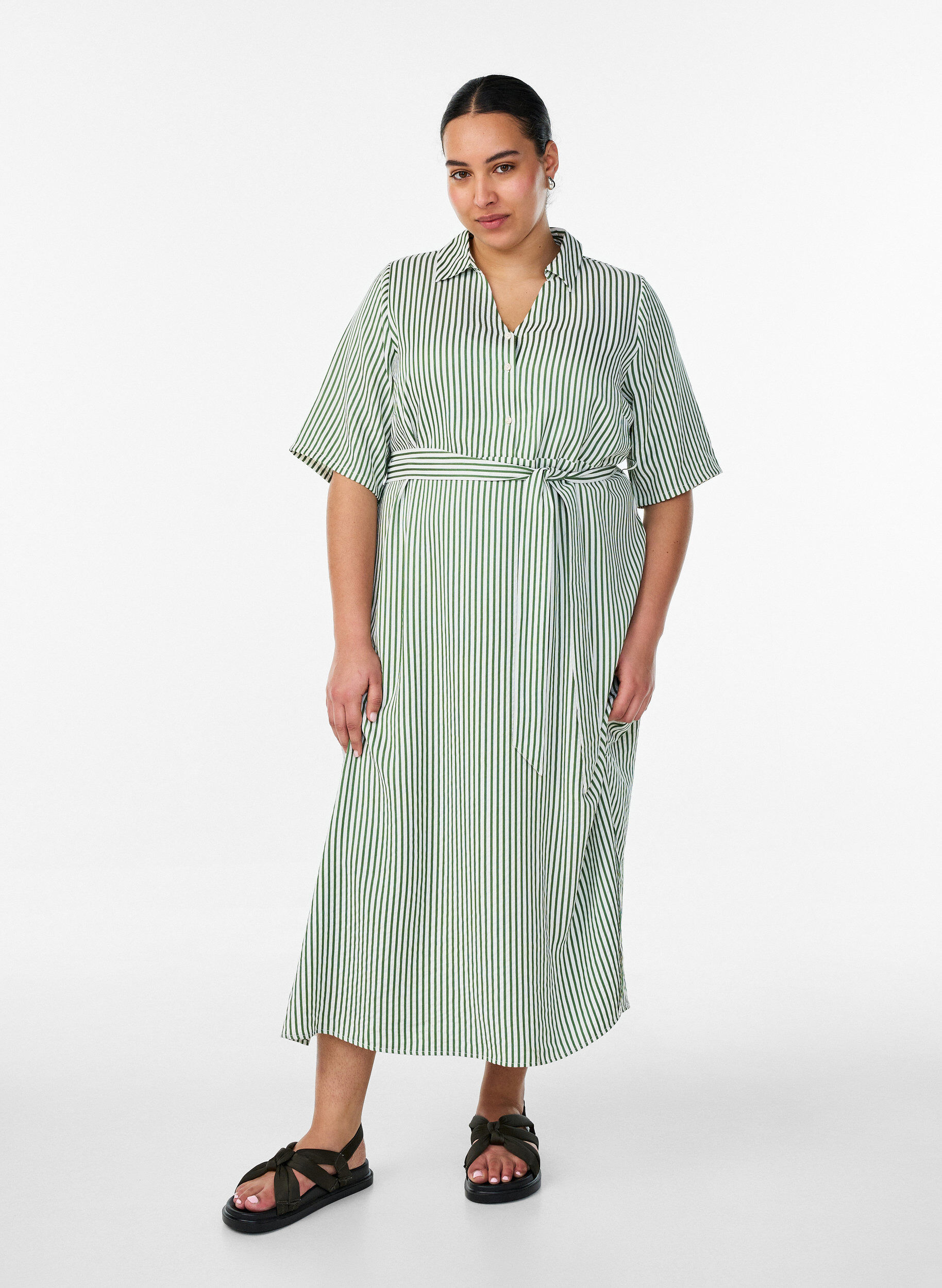 ZizzifashionAnkle-length shirt dress with tie belt and stripes, Green, Model image number 0