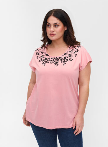 Cotton t-shirt with print details, Blush mel Leaf, Model image number 0