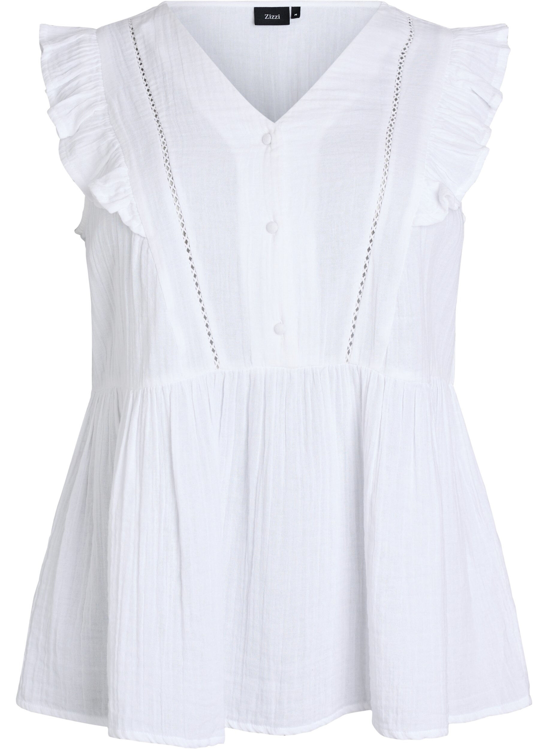 Sleeveless cotton muslin blouse with ruffles