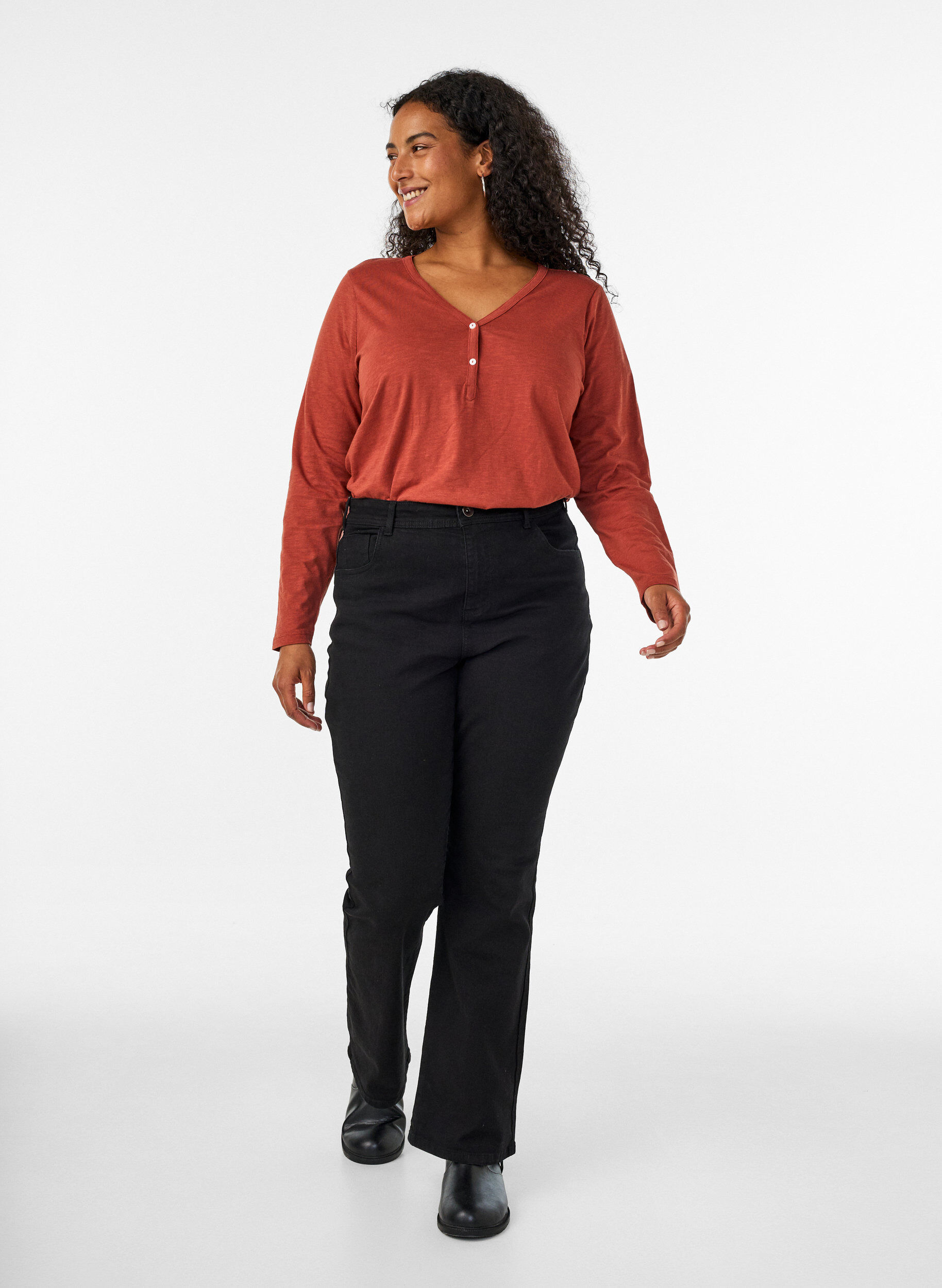 ZizzifashionLong-sleeved t-shirt with V-neck and buttons, Brown, Model image number 1