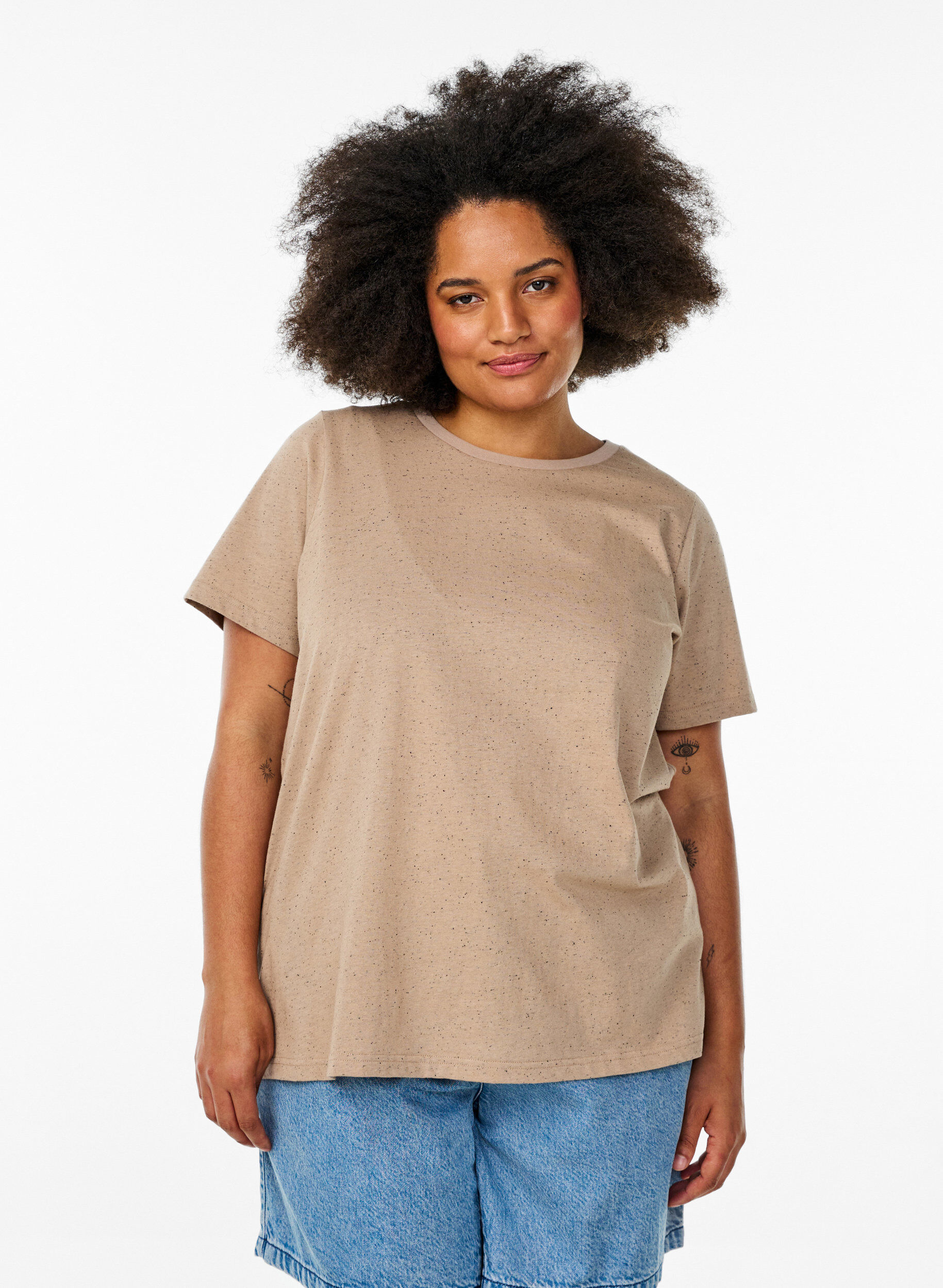 Zizzifashion Cotton T-shirt with round neck, Beige, Model image number 0