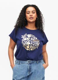 Organic cotton T-shirt with gold print, Med.Blue Gold Flower, Model