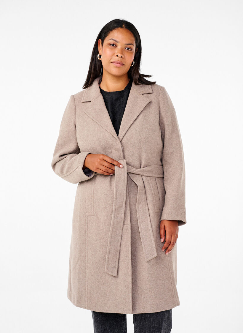 Long wool coat with belt, Moon Rock Mel. , Model image number 0