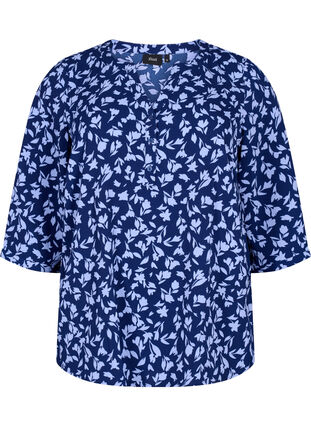 Floral blouse with 3/4 sleeves, M. Blue Flower AOP, Packshot image number 0