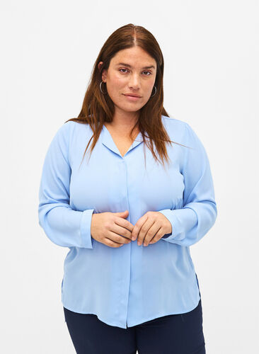 Solid colour shirt with v-neck, Serenity, Model image number 0