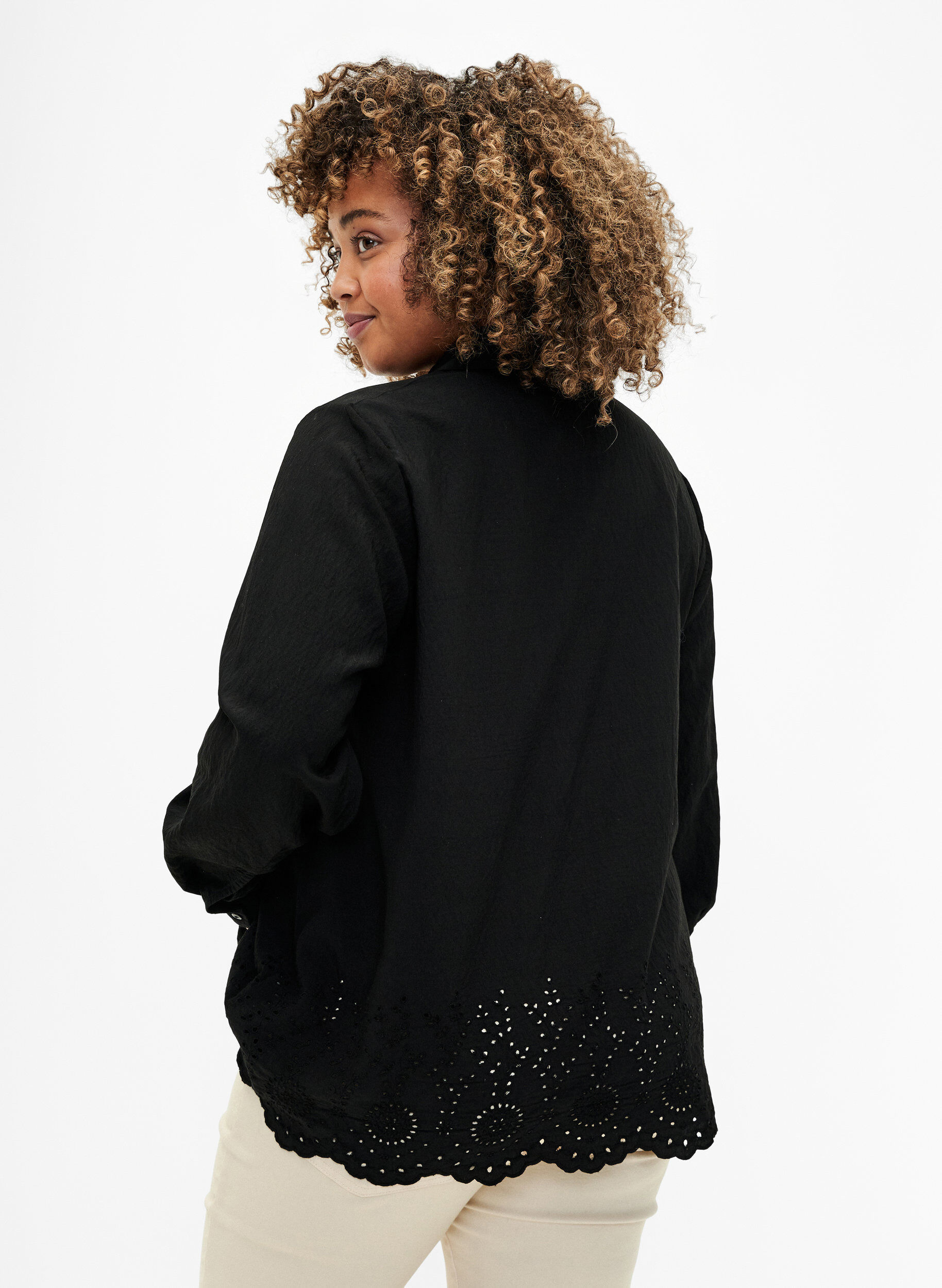 Zizzifashion Viscose shirt with broderie anglaise, Black, Model image number 1